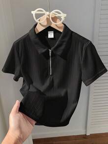 SHEIN Young Boys' Casual School Collar Short Sleeve Polo Shirt,Solid Color Textured Fabric,Suitable For Commuting,Daily Wear,Sports,Spring/Summer - Black - View 7