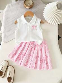 Elladie kids 女童春夏新款Polo衫套装，正面蝴蝶结设计，白色纽扣半开领针织上衣，搭配粉色蝴蝶结装饰，条纹印花百褶裙，面料柔软舒适，适合女童日常外出、聚会、度假等场合，可爱优雅的韩版风格，休闲时尚。 - 粉色 - 查看 4
