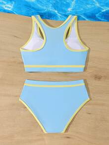 SHEIN Bộ đồ bơi viền tương phản dành cho bé gái tuổi teen - Màu xanh lam - Xem 2