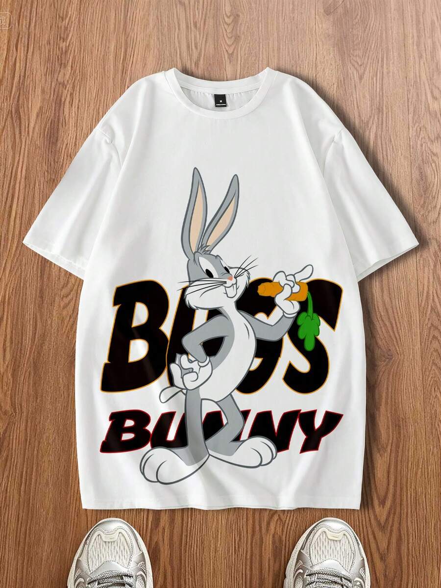 LOONEY TUNES X SHEIN Áo thun nam tay ngắn cổ tròn in chữ và hoạt hình, kiểu dáng thường ngày, thích hợp cho mùa hè. - trắng - Xem 1