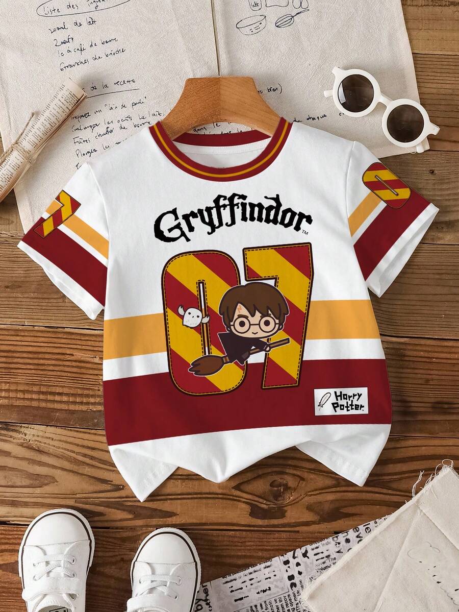 HARRY POTTER X SHEIN 男童休闲圆领卡通字母印花短袖T恤，百搭日常穿着 - 白色 - 查看 1