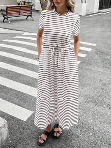 SHEIN Essnce Robe décontractée pour femmes grandes tailles, robe à manches courtes, robe rayée, tenues d'été pour femmes, robe de remise des diplômes, tenues de sortie - Marron - Voir 6