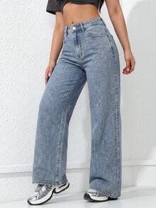 SHEIN ICON Casual Sexy Washed Slant Pocket Straight Leg Jeans Back-To-School Swimming Pastal Summer - Light Wash - View 4