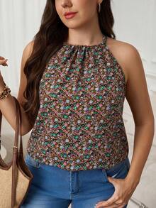 SHEIN LUNE Plus Size Summer Ditsy Floral Casual Versatile Halter Neck Camisole - Multicolor - View 8