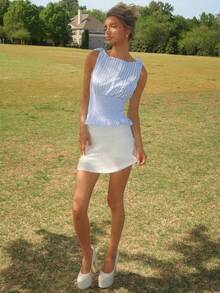 Sydney Algeri 女士优雅格子系肩收腰修身吊带背心，百搭，适合日常通勤、春夏季 - 藍色 - 查看 6