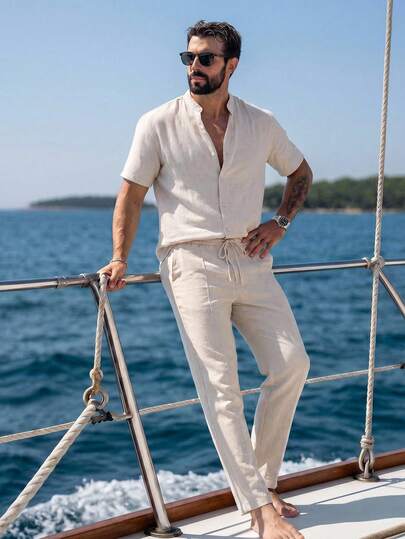 HIMLAND 2pcs/Set Men's Casual Woven Solid Color Fitted Raglan Short Sleeve Shirt And Tapered Waist Pants, Suitable For Daily Wear,Men's 2 Piece Set , Matching Set Men , Co-Ord Set Men, Shirt And Pants Set , Mandarin Collar Shirt , Band Collar Short Sleeve , Drawstring Pants , Elastic Waist Trousers , Linen Set Men , Linen Blend Outfit, Minimalist Men's Clothing, Clean Fit Outfit, Resort Wear , Beige Linen Blend Short Sleeve Shirt And Pants Set, Men's Casual Band Collar Button Down 2 Piece Outfit ,Effortless Summer Beach Vacation Matching Set, Minimalist Neutral Color Loungewear For Men ,Breathable Lightweight Summer Suit, Stand Collar Henley Shirt Co-Ords