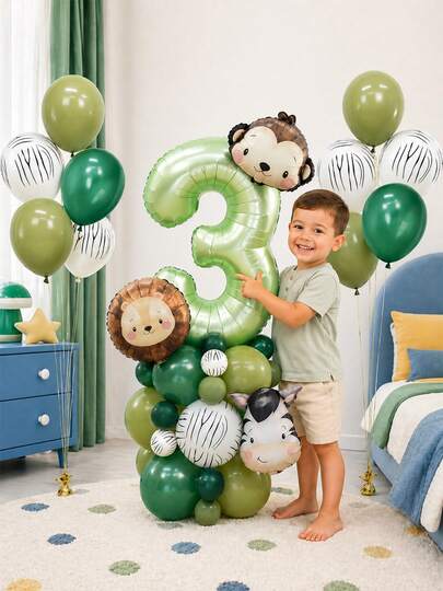 MINKOJA MINKOJA 40pcs Lion Monkey Zebra Animal Foil Balloon Dark Green Avocado Balloon With 32inch Olive Foil Number Balloon Set Perfect For Safari Theme Birthday Party Decor, Shower, Gender Reveal Party Wild One,Summer Party Decoration,Spring Decoration, Christmas