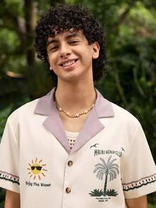 Open Phase Camisa de manga corta con estampado de árbol de coco, estilo elegante para hombres, Primavera/Verano 2025 - Albaricoque - Ver 7