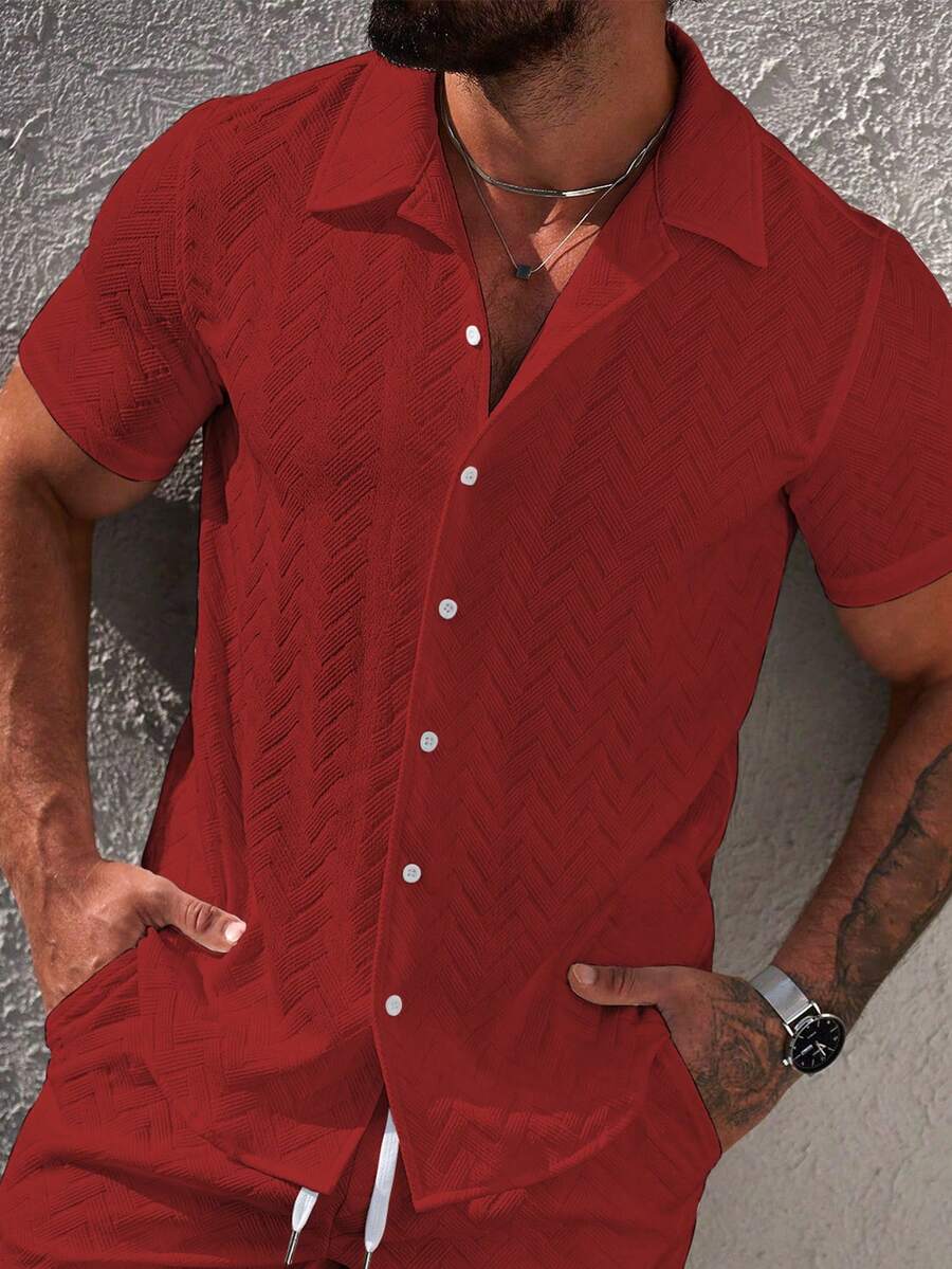 Manfinity Homme Men's Casual Summer Holiday & Commute Solid Color Textured Fabric Short Sleeve Shirt - Red - View 1