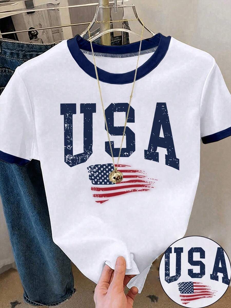 Áo thun croptop cho bé gái với họa tiết cờ Mỹ kiểu cổ điển, cổ tròn, tay ngắn, kiểu dáng thoải mái, thích hợp mặc hàng ngày cho thanh thiếu niên và bé gái. - Nhiều màu - Xem 1