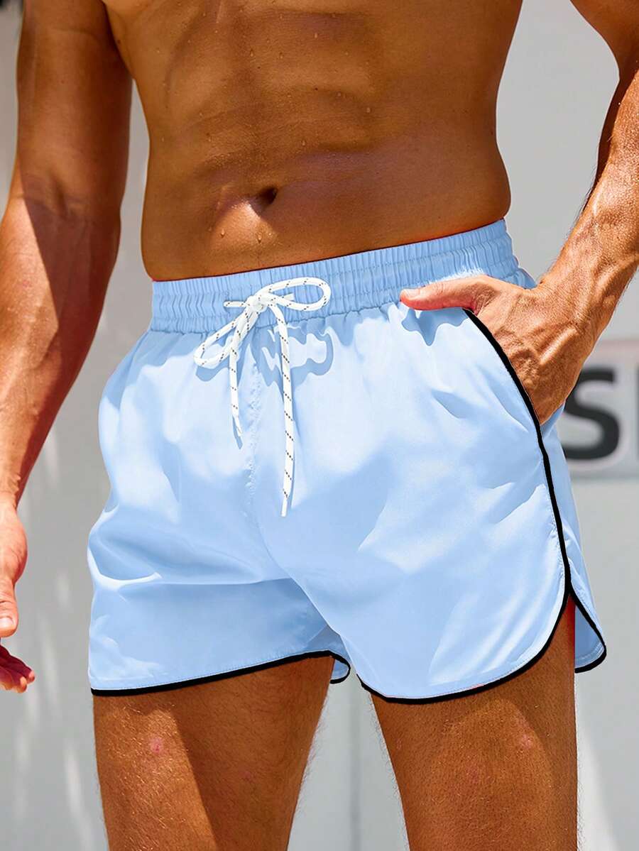 Palasendo Men's Summer Beach Vacation Drawstring Waist Contrast Piping Slant Pocket Loose Beach Shorts, Holiday - Baby Blue - View 1
