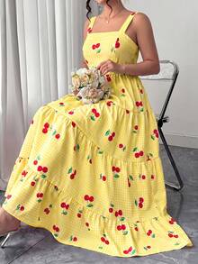 Elenzga Plus Size Plaid & Cherry Print Ruffle Hem Sleeveless Dress - Yellow - View 5