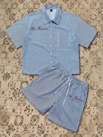 Manfinity EMRG Men's Striped Short Sleeve Shirt And Shorts Set, Shirt With Left Chest Pocket, Matching Striped Shorts With Elastic Waist And Side Pockets, Oversized Boxy Fit, Casual Street Style, Suitable For Young Men, Boyfriend/Husband Gift, Couple Outfit