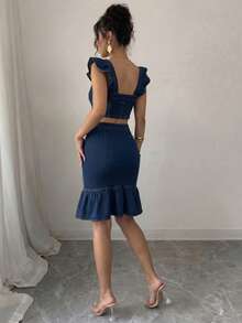 Elenzga Bộ đồ denim ôm sát dành cho nữ, gồm áo và chân váy denim ôm sát có bèo nhún, viền bèo. - Rửa trung bình - Xem 2