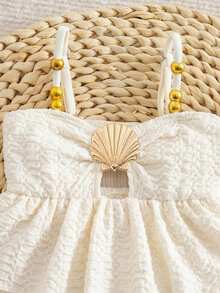 SHEIN Baby Girl One-Piece Swimsuit,Holiday White Ruffle Swimwear With Seashell,Cute Polyester Frilled Monokini For Toddler Girls,Beach Summer Outfit - Apricot - View 2