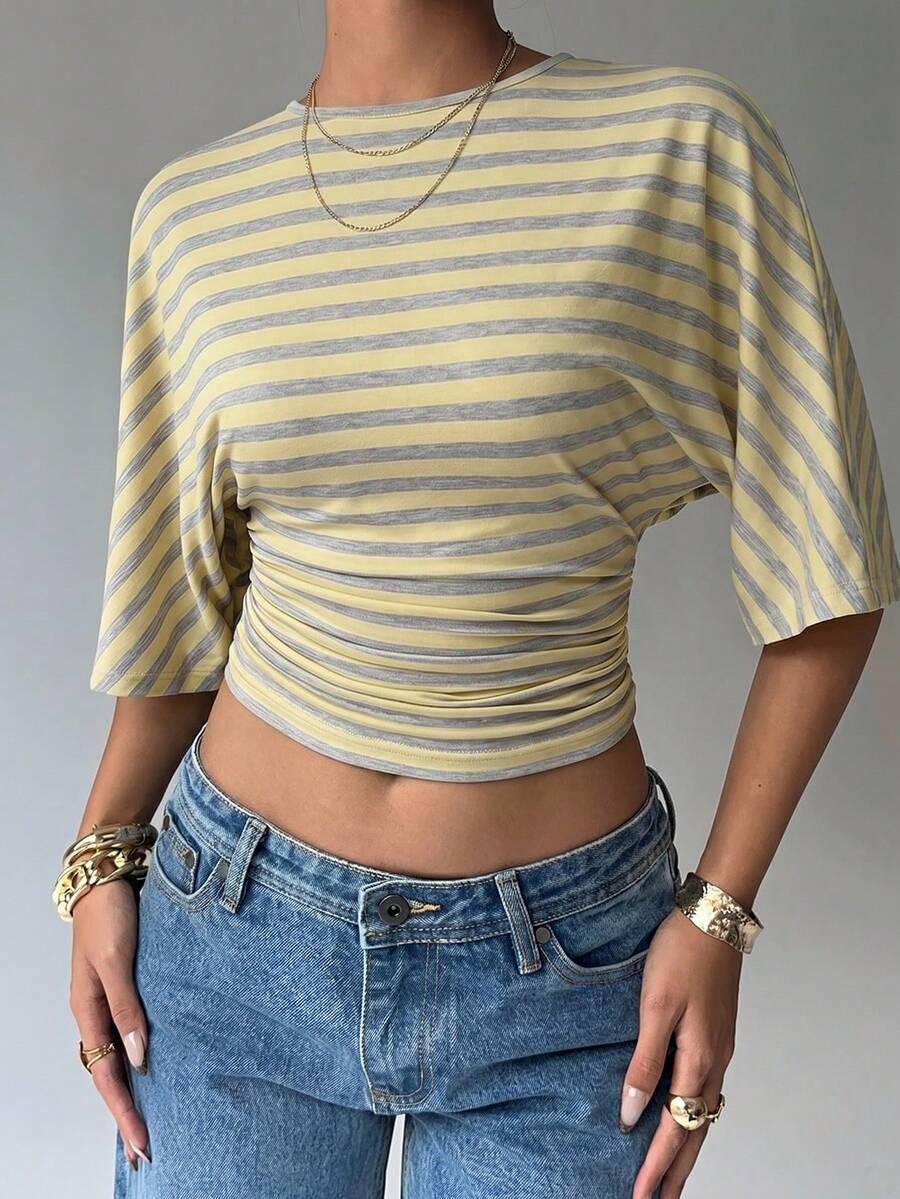 Aloruh Áo croptop nữ màu vàng sọc cổ tròn tay cánh dơi xếp ly, kiểu dáng thời trang, áo sơ mi sọc mùa hè, áo sọc đa năng. - Màu vàng - Xem 1