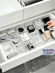 Conjunto de bandejas organizadoras de gavetas, plástico transparente, armazenamento para maquiagem, cuidados com a pele, cosméticos, material de escritório, acessórios de mesa, banheiro, utensílios de cozinha, 6 peças, 7 peças, 8 peças, caixa divisória empilhável de vários tamanhos para organização de gavetas, solução de armazenamento doméstico - Claro - Ver 1