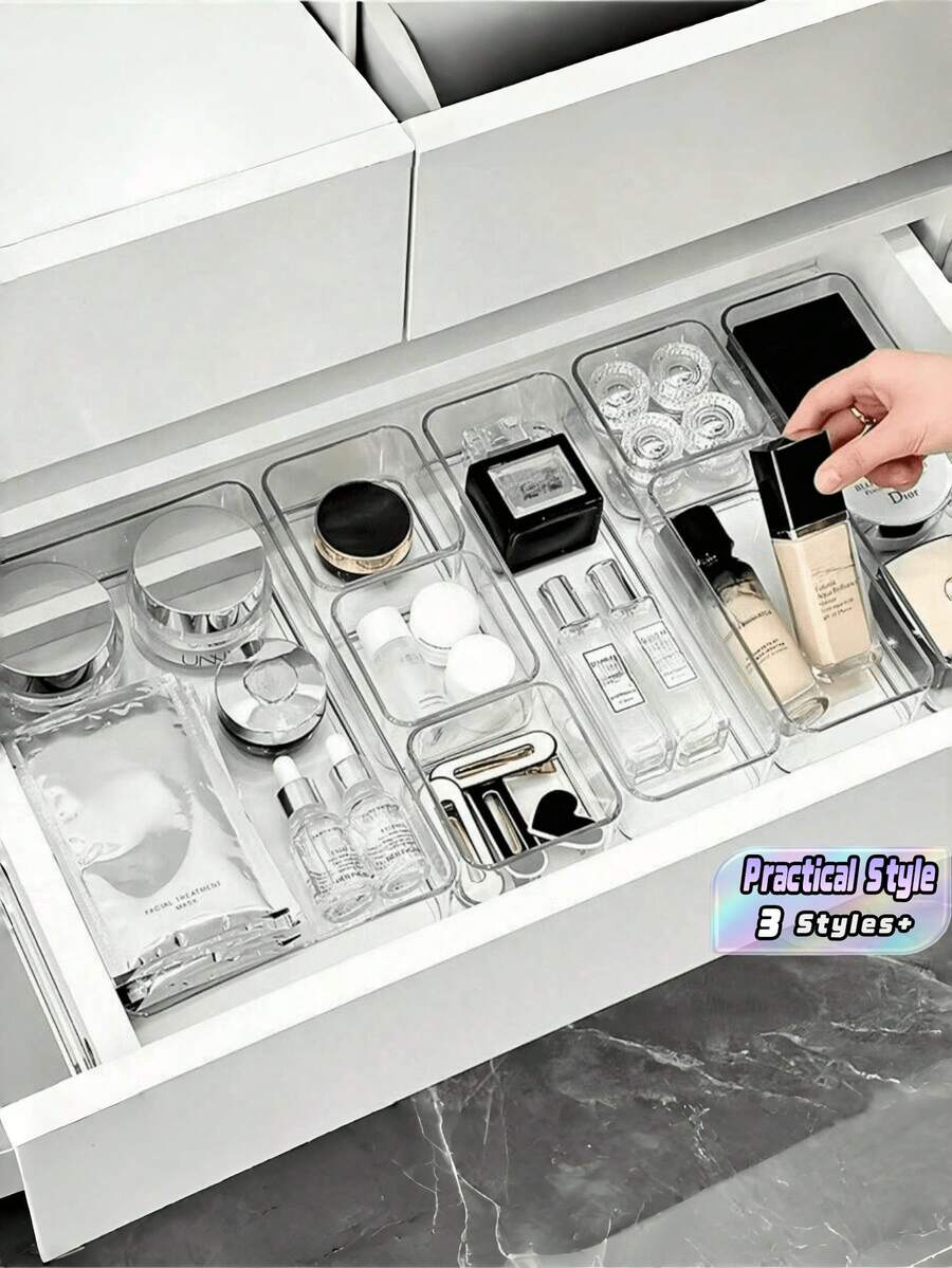 Conjunto de bandejas organizadoras de gavetas, plástico transparente, armazenamento para maquiagem, cuidados com a pele, cosméticos, material de escritório, acessórios de mesa, banheiro, utensílios de cozinha, 6 peças, 7 peças, 8 peças, caixa divisória empilhável de vários tamanhos para organização de gavetas, solução de armazenamento doméstico - Claro - Ver 1