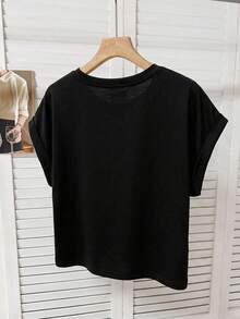SHEIN LUNE 休闲简约纯色百搭黑色圆领短袖T恤，95%棉，适合夏季通勤。 - 黑色 - 查看 5
