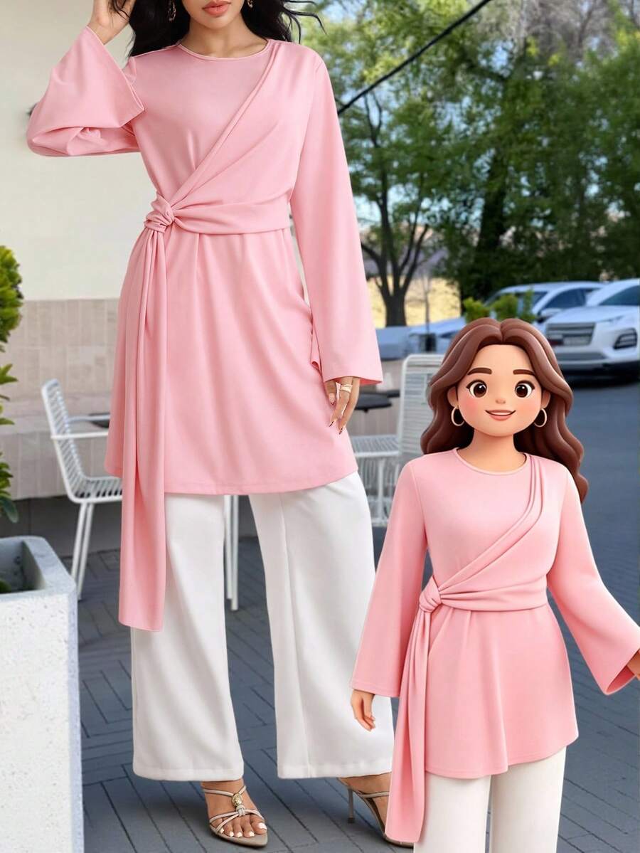 Elegant Tie-Knot Ruched Long Sleeve Blouse, Unique Design Graceful Women Top Woman Clothes Blouse For Women Casual Modern Blouse With Garterized Waist For Women Modest Tops For Women Blouses For Women Elegant Modest Outfits For Women 2 Piece Pink Tunic Top Wide Leg Pants Outfit Blouse And Pants Set Women Latest Outfit For Women