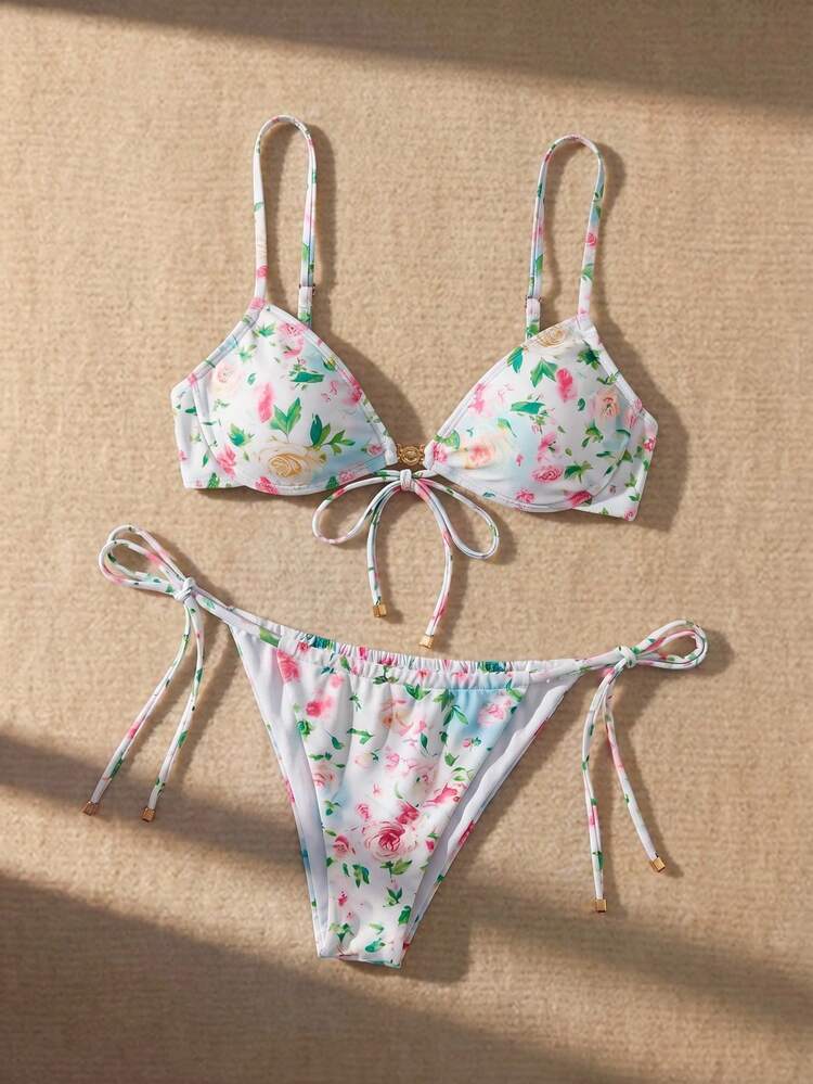 Women's Summer Vacation Floral Print Spaghetti Strap Bikini Set