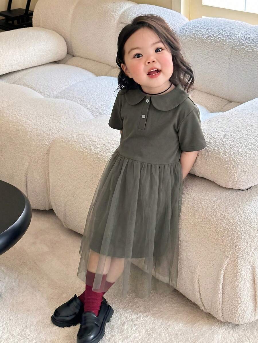 Dazy Kids Vestido casual de cuello redondo de malla y parches para niñas bebé de longitud media - Gris - Ver 1