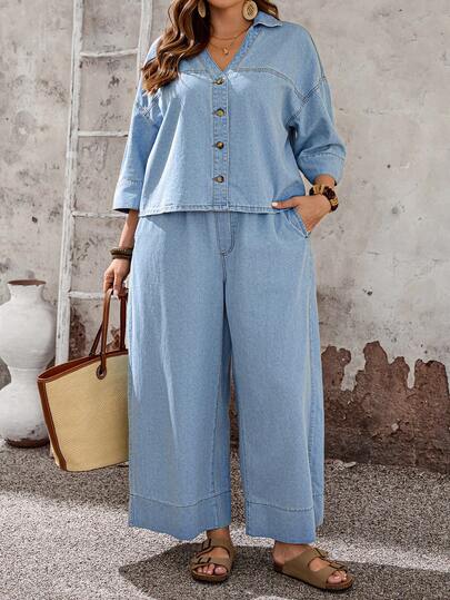 EMERY ROSE Mature Denim Bộ đồ 2 món cỡ lớn: áo và quần jean kiểu dáng thường ngày cho kỳ nghỉ.