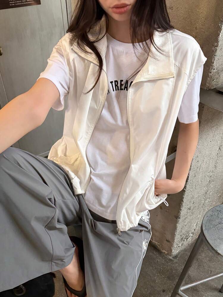 Women's Solid Color Loose Stand Collar Pleated Pocket Casual Sports Vacation Lightweight Vest Jacket, Summer