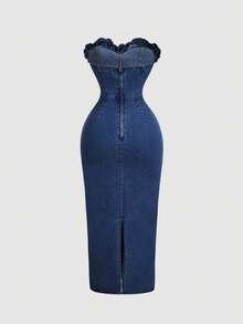 Sweetra Vestido de mezclilla con bandeau y lazo para mujer - Azul lavado oscuro - Ver 2