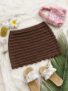 Soleia Bộ áo khoác và chân váy dệt kim màu trơn, thích hợp cho kỳ nghỉ biển. - Cà phê nâu - Xem 5