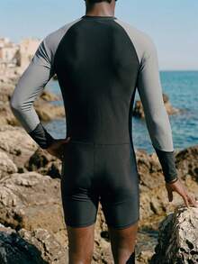ZELFYO Men's Black Contrast Color Raglan Sleeve Slim Fit One-Piece Swimsuit Rashguard,Summer Atletic Beach Holiday Wetsuit Swimming Bathing Suits,1pc - Black - View 2