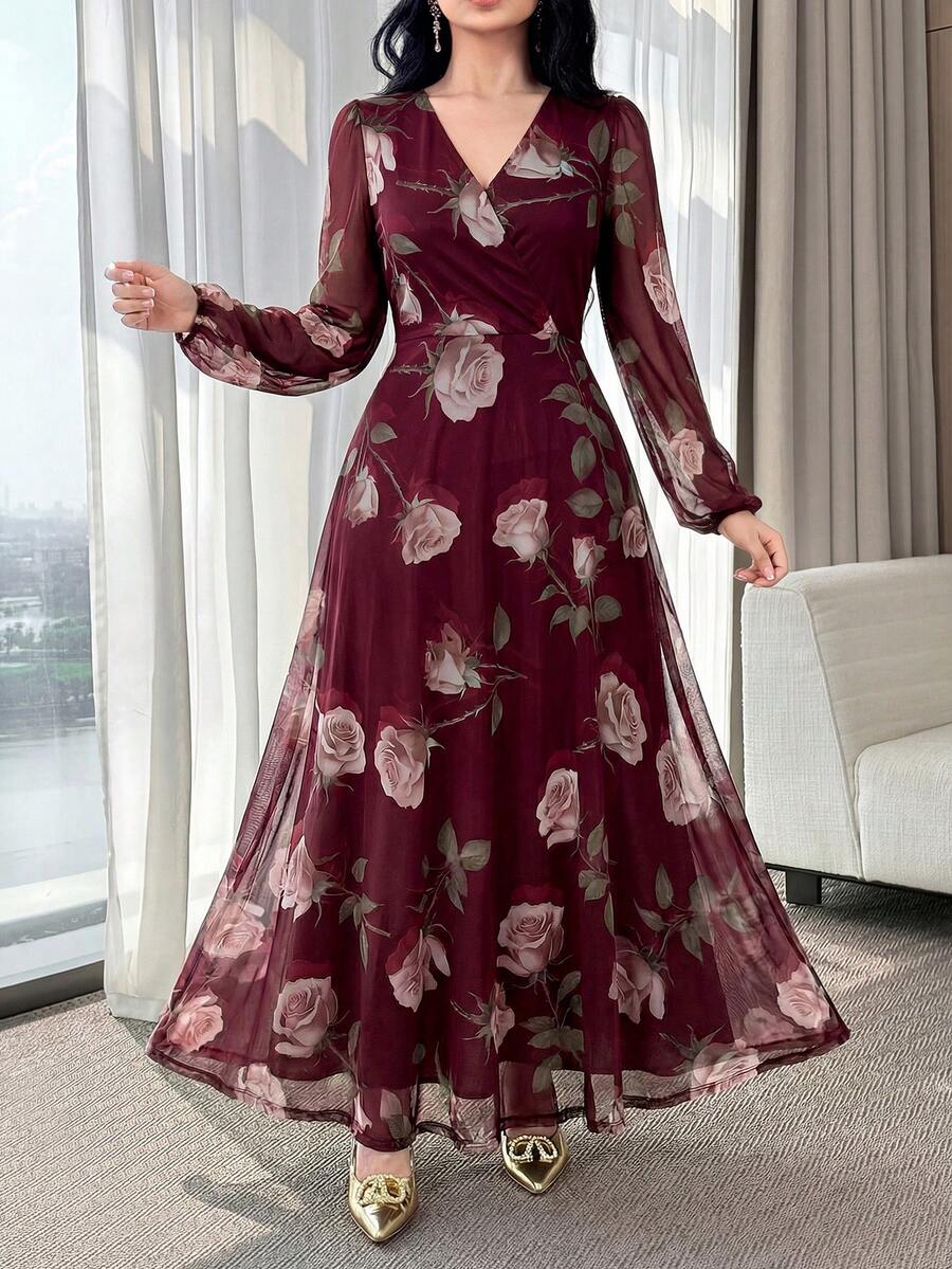 Nuevo vestido elegante y encantador de cintura ceñida con flores de rosa para mujeres de alta gama