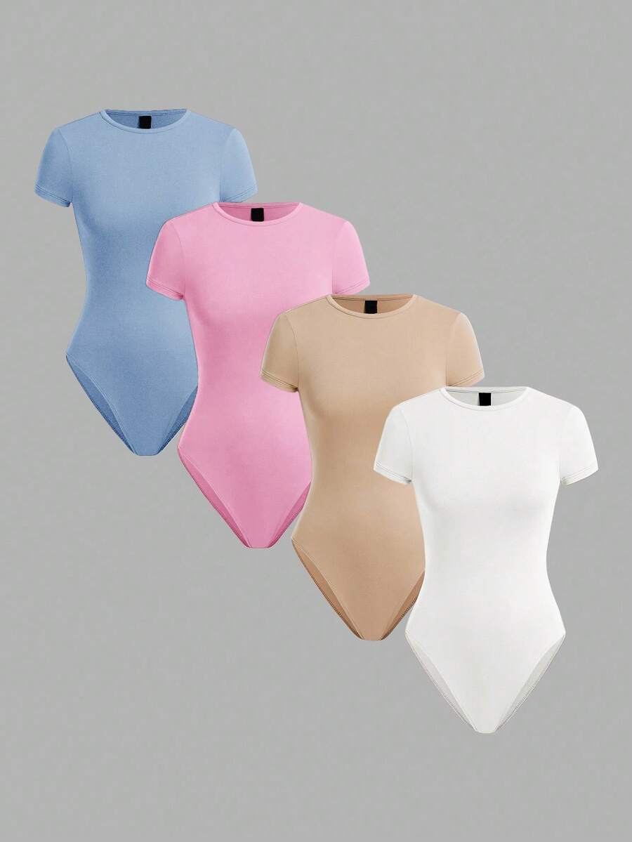SHEIN BASICS 4pcs/Set Bodysuit Rajut Kasual Warna Polos Leher Bulat Lengan Pendek untuk Wanita Pakaian Musim Panas - MultiWarna - View 1