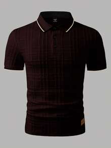 Manfinity Homme Men's Knitted Jacquard Textured Collar, Cuff, Hem Ribbed, 3-Button Closure, Faux Pearl Knit Formal Polo Shirt, Ceremony - Coffee Brown - View 3