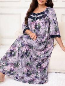 Al Najma 大码女式印花撞色蕾丝优雅阿拉伯风格连衣裙 - 紫色 - 查看 3