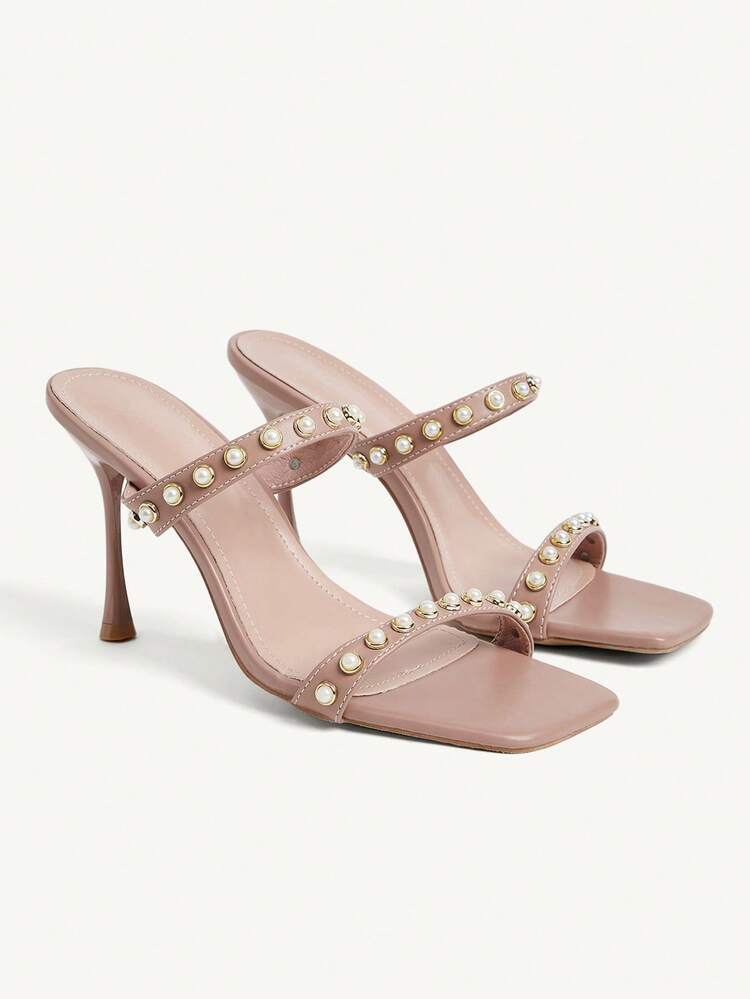 CUCCOO CHICEST Women Shoes Square Head Stiletto Stripe Pearl Heel Sandals