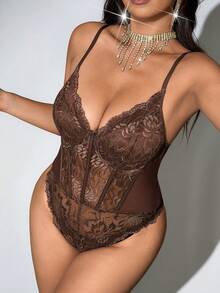 Viva Relle Plus Size Women Brown Bodysuit,Summer Classy Night Out Club French Style Lace Patchwork Mesh,With Underwire,3D Striped,Ruffle Trim,Backless,Adjustable - Brown - View 4