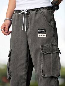 Manfinity Homme Plus Size Men's Casual Jeans With Applique, Drawstring Waist And Slant Pockets - Light Grey - View 3