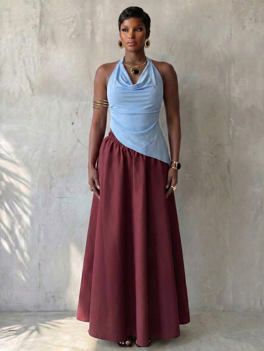 BamGlimmer Women's Solid Color Pleated Casual Versatile Date Outing Skirt - Brown - View 1