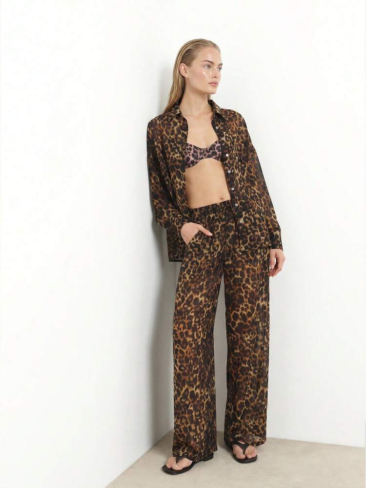 KSTM Leopard Print Two Piece Lounge Set Long Sleeve Button Up Shirt Wide Leg Pants Matching Outfit Loungewear Sleepwear Pajama Set