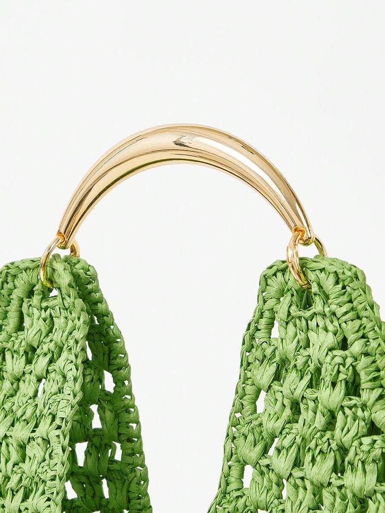 SHEIN Maija Ladies, Women Top Handle Bags, Straw Bag, Straw Woven Bag, Grass Green, Gold  Metal Handle, Fashionable, Elegant, Simple, Personalized, Versatile, For Beach, Vacation, Holiday, Summer, Seaside, Beach Party