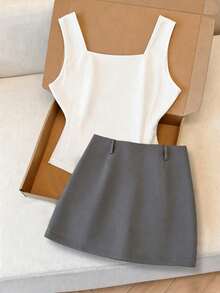 SHEIN PETITE Women's Elegant Fashion Casual Commute Front Button Camisole And Skirt Set, Summer - White - View 2
