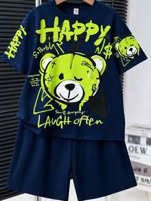 SHEIN Tween Boy Casual Comfortable Minimalist Round Neck Short Sleeve T-Shirt And Shorts Set - Multicolor - View 4
