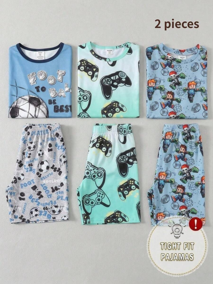 Set Piyama Musim Panas Modis 2pcs/Set Atasan Lengan Pendek dan Celana Pendek Rajut Motif Kartun Lucu, Nyaman, Lembut, Ramah Kulit, Pas di Badan untuk Dipakai di Musim Panas - MultiWarna - View 1
