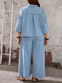EMERY ROSE EMERY ROSE Ensemble 2 pièces Top décontracté de vacances et pantalon en jean grande taille - Bleu azur - Voir 3