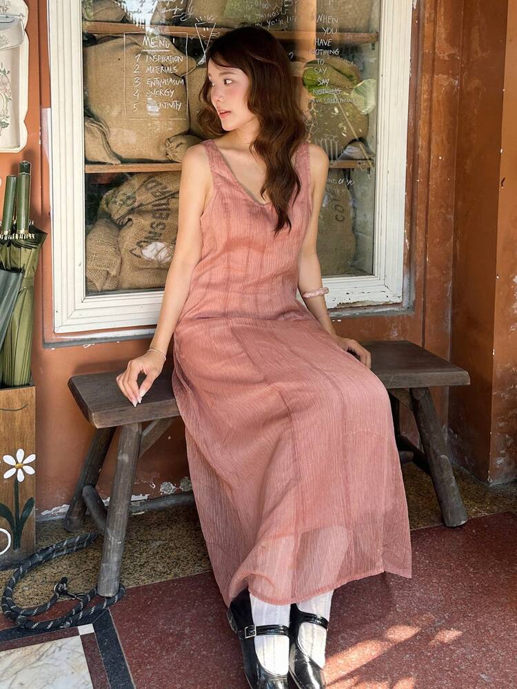 Solid Color Integrated Split Round Neck Sleeveless Casual Vacation Midi Dress, A-Line Long Dress For Women Sun Dresses For Women Summer