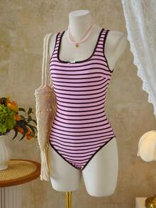 Swim Mod Baju Renang Wanita Terusan Motif Garis-garis dengan Pita, Pakaian Renang Pantai untuk Liburan Musim Panas - MultiWarna - View 4
