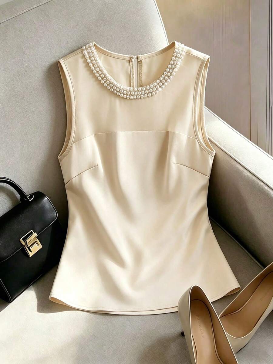 SHEIN Franclia Áo kiểu không tay thanh lịch dành cho nữ, đính ngọc trai giả, thích hợp cho mùa hè. - Màu be - Xem 1