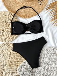 SHEIN Conjunto de tankini de unicolor para niñas preadolescentes - Negro - Ver 2