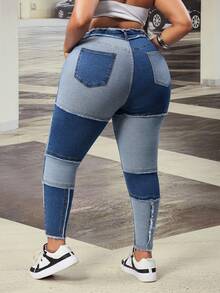 Slaydiva Jeans longs skinny bleu style cowgirl avec patchwork élastique pour femmes grandes tailles, été - Jean bleu - View 2